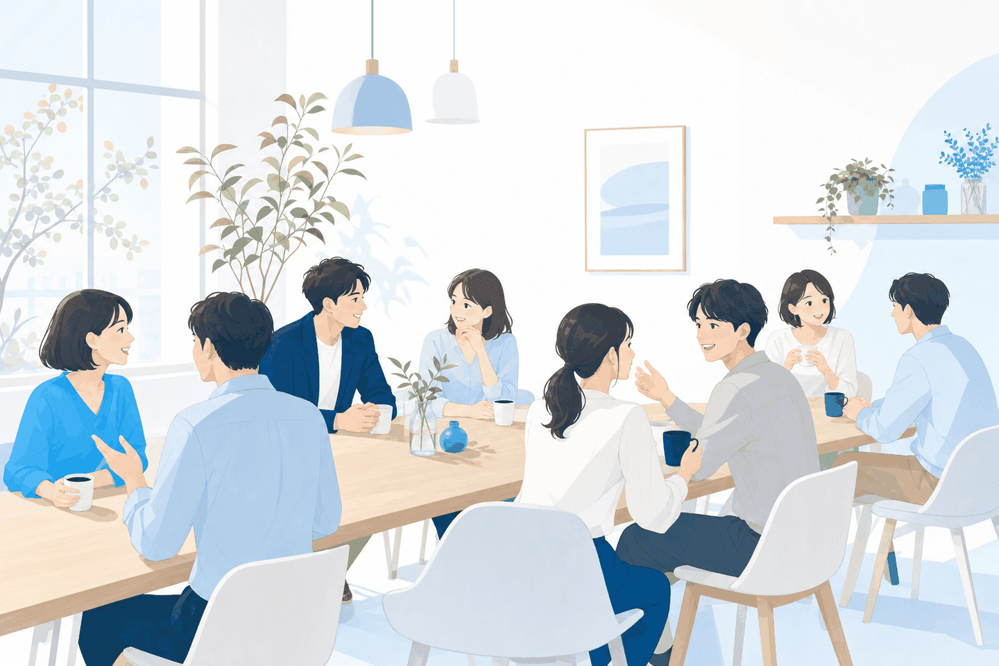 リアルイベントのイメージ。1つの長テーブルを囲んで、参加者どうしが話している