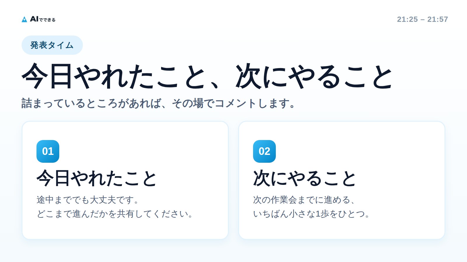発表タイム。今日やれたこと、次にやること